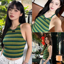 MM黑色字母标露背复古拼色条纹时髦性感辣妹无袖吊带背心上衣女