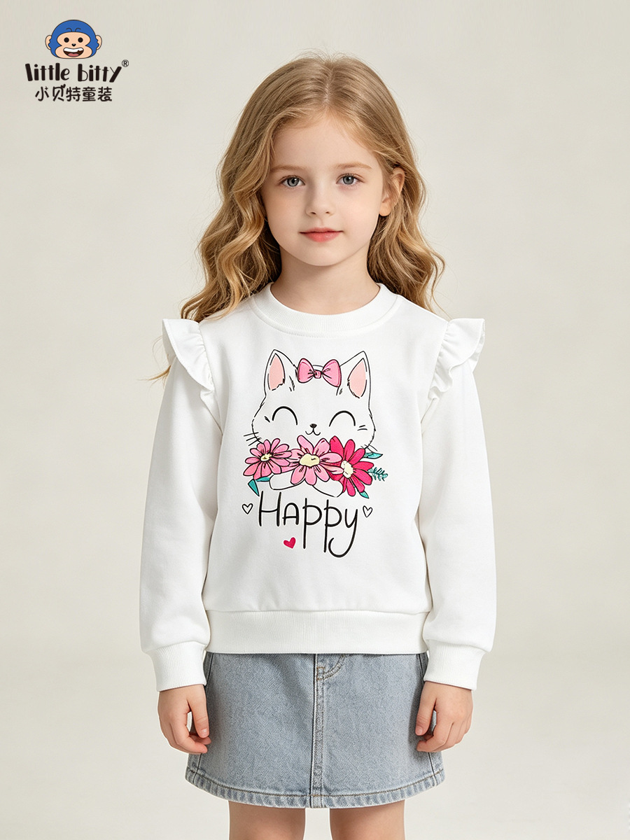 Cross-border children's clothing: 26 years of children's round-neck sweatshirts, sweet and cute cat and flower designs, girls' autumn sweatshirts, versatile children's clothing