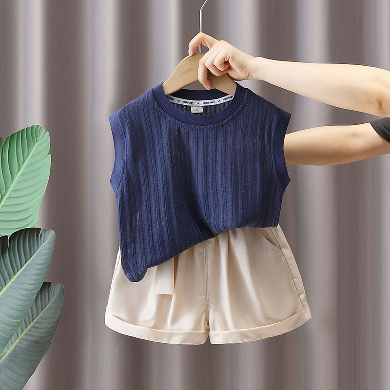 7390 Traje de verano para niños 2025 Nuevo chaleco a rayas sin mangas para niños Verano delgado Versión coreana de dos piezas Verano