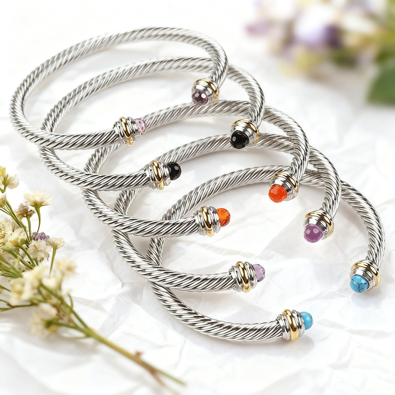 Stainless steel wire bracelet bracelet female black and white beads crystal turquoise twist steel wire pearl titanium steel bracelet processing