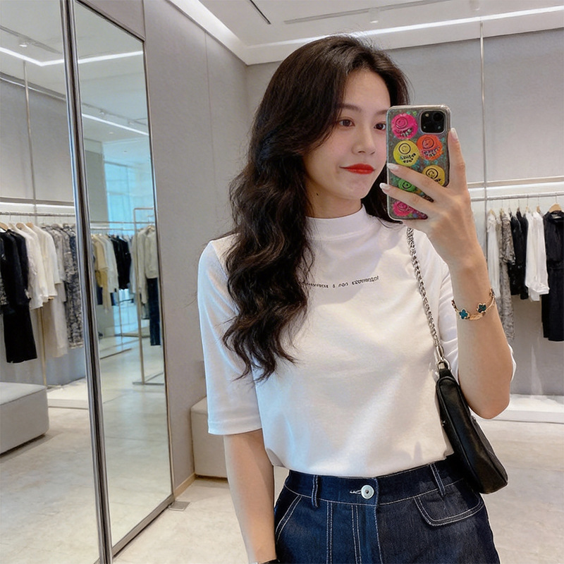2026 New Summer Style White Short-Sleeved T-Shirt for Women, Half-High Collar, Slim-Fitting Pure Cotton Five-Quarter Sleeve Inner Layering Shirt Top 2026 New Summer Style White Short-Sleeved T-Shirt for Women, Half-High Collar, Slim-Fitting Pure Cotton Five-Quarter Sleeve Inner Layering Shirt Top