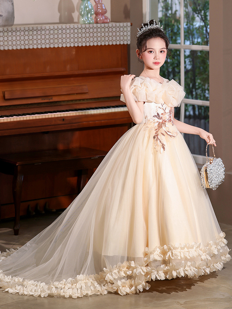 Vestido transfronterizo de estilo europeo y americano, vestido de princesa bordado largo de cola para niñas, traje de piano, pasarela, estilo de lujo ligero de alta gama