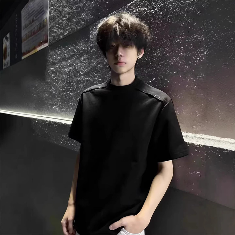 Black Small Neckline Short-Sleeved T-Shirt for Men in Summer Cleanfit Deconstructed Splicing Casual Pure Color Half-Sleeved Top