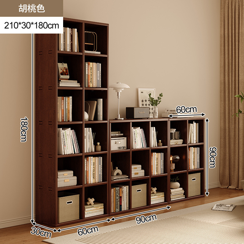 Estantería de madera maciza, estantería de pared completa, todo en la parte superior, sala de estar, color nogal, pared completa, vitrina para el hogar