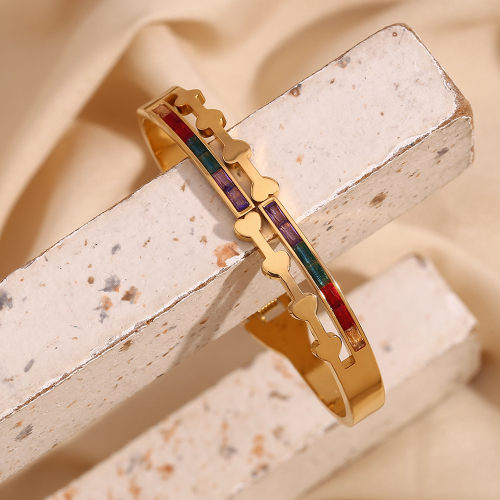 Colored Zircon Heart Stainless Steel Bracelet