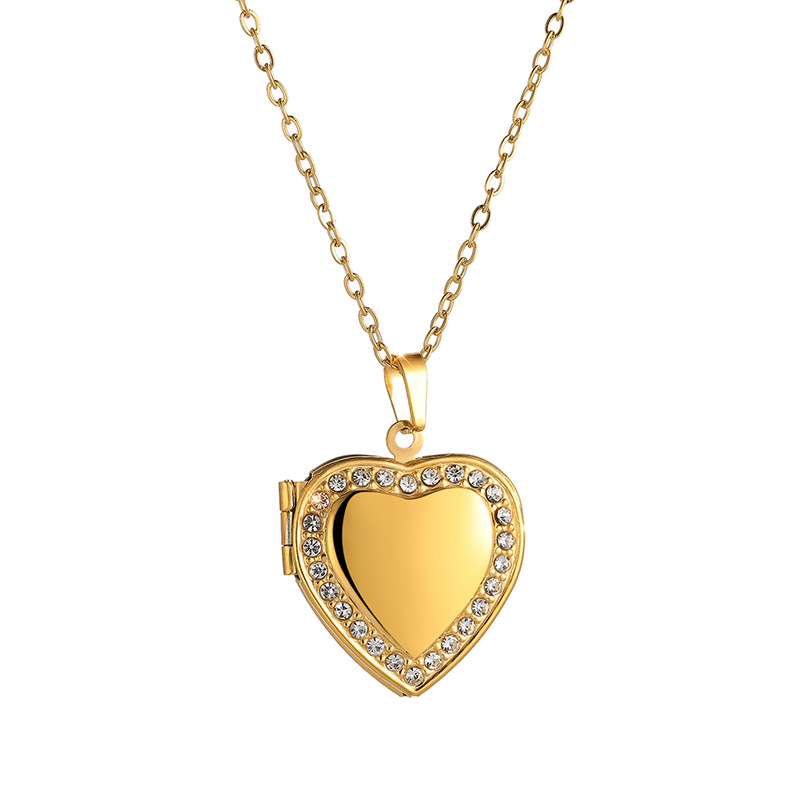 Heart Shape Pattern Wholesale Jewelry Sweet Heart Shape Titanium Steel Rhinestones 18K Gold Plated Inlay Locket Necklace