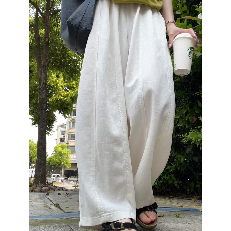 Off-White Lazy Style Cotton-Linen Balloon Wide-Leg Pants for Women, Summer 2026 New Loose Slimming Casual Curved Pants