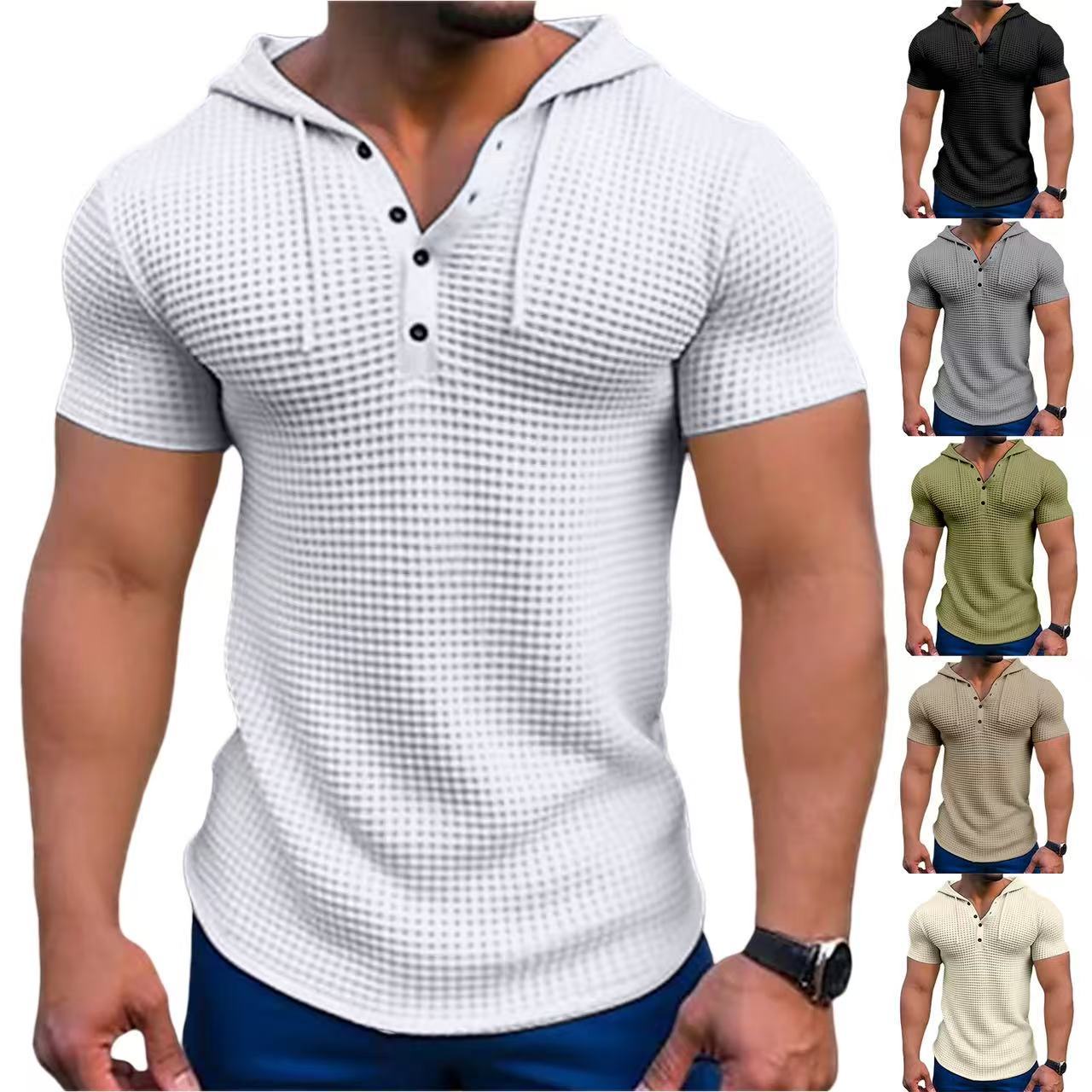 Cross-Border Aliexpress Amazon Men's Waffle Beach Slim Short Sleeve Drawstring Hooded Pullover T-Shirt
