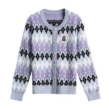 法式M家新款小香针织裙紫色菱格纹提花圆领开衫外套+A字半裙套装