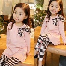 2025跨境外贸春秋款女童条纹短袖衣服蝴蝶结拉架CVC上衣两件套