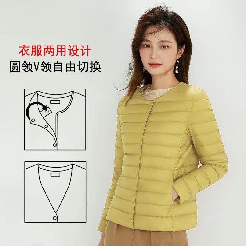 Nuevo chaqueta de plumón ligera para mujeres de invierno y otoño, chaqueta de cuello redondo de cuello en V, doble chaqueta corta grande y delgada