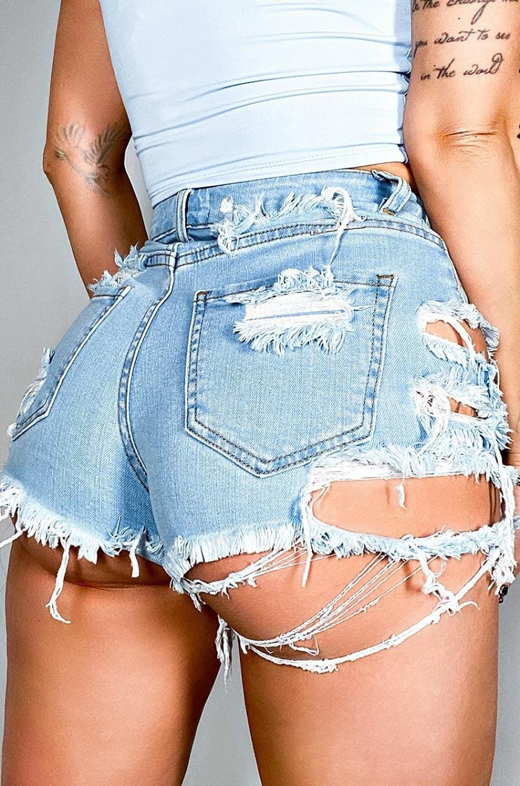 high waist hole raw edge denim shorts NSARY126330