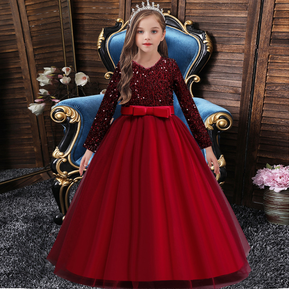 children full dress Princess Dress girl birthday Evening dress Long sleeve Sequins Pompous skirt Flower girl Wedding dress Piano costume