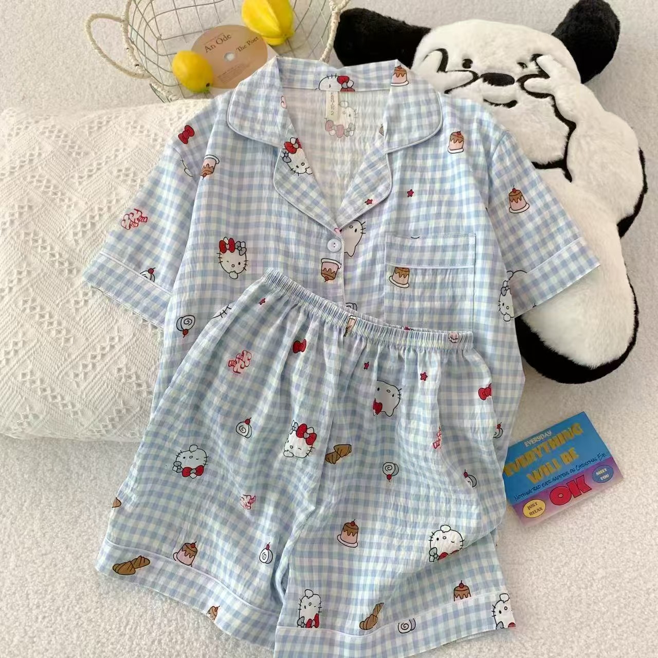 Comercio exterior de Vietnam verano nuevo estilo nube rebeca de algodón solapa dulce pijama de dibujos animados pantalones cortos de manga corta traje de servicio a domicilio para mujer