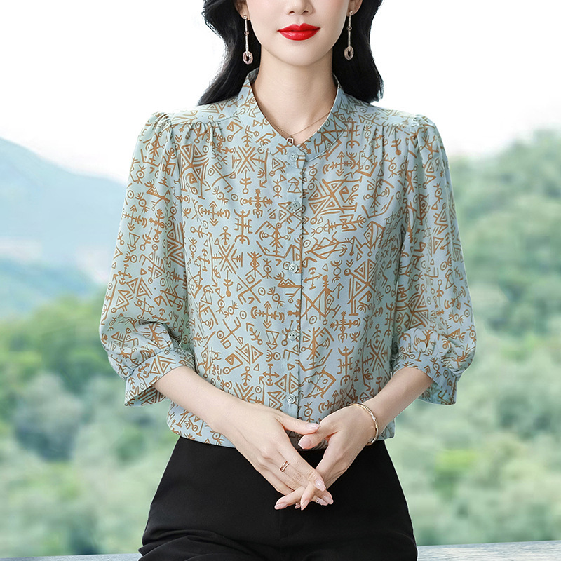 Hangzhou Luxury Brand Heavy Silk Shirt for Women 2026 Fashion Printed Versatile Mom Top Elegant Blouse Hangzhou Luxury Brand Heavy Silk Shirt for Women 2026 Fashion Printed Versatile Mom Top Elegant Blouse