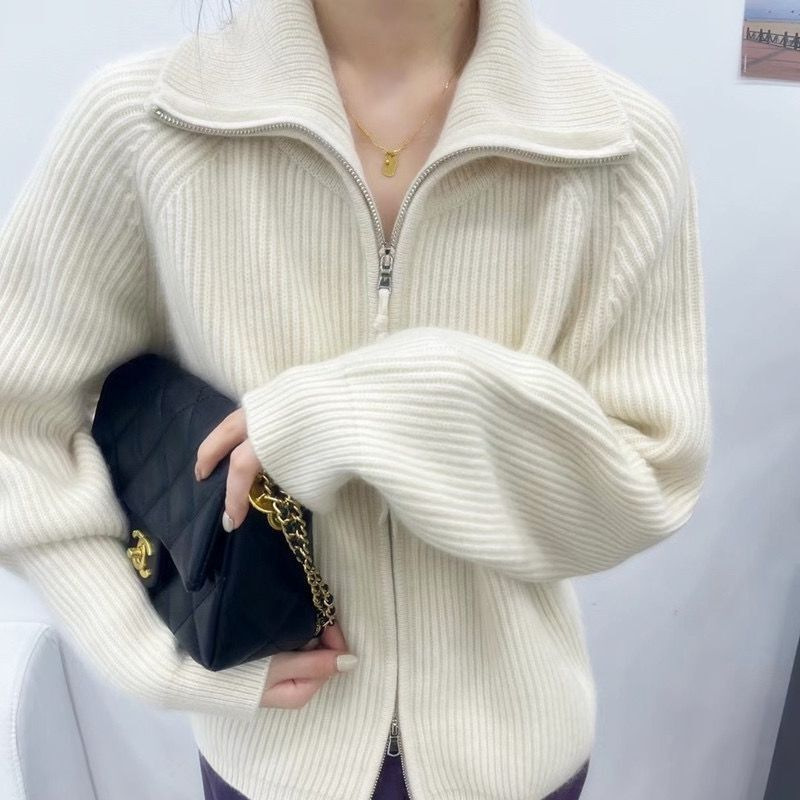 Heavy Weightweight Thick Pure Wool Sweater Women's Turtleneck Cashmere Zipper Sweater Cardigan Lapel Lazy Loose Knitted Top Jacket