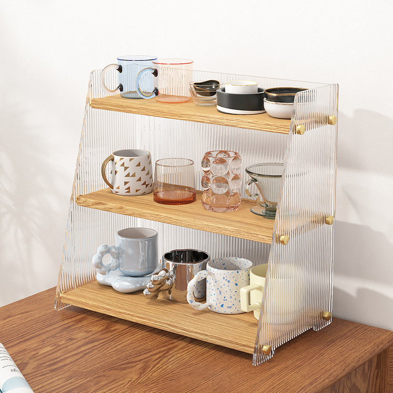 Nuevo estante de almacenamiento de aperitivos y tazas de cosméticos de escritorio acrílico simple, compartimento multicapa multiusos a prueba de polvo y humedad