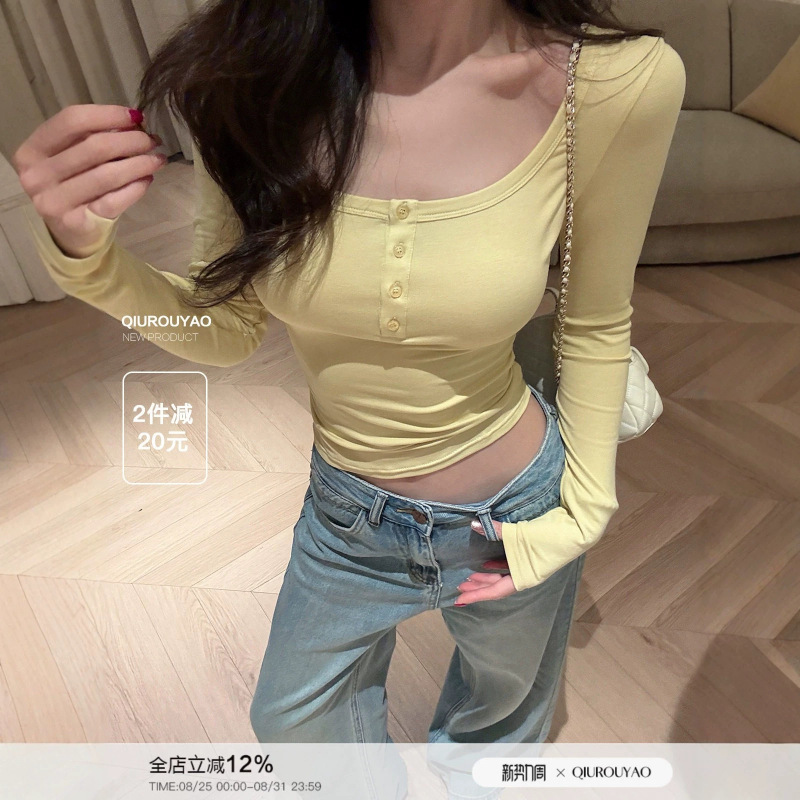 Qiu Rouyao Simple Buttoned Long-Sleeve T-Shirt for Women, New Summer Style, Square Round Neck, Elegant Slim Fit, Versatile Commuting Top Qiu Rouyao Simple Buttoned Long-Sleeve T-Shirt for Women, New Summer Style, Square Round Neck, Elegant Slim Fit, Versatile Commuting Top