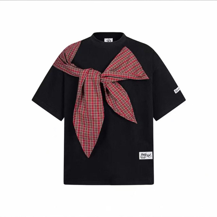 アメリカンレトロ風ブランドの蝶結びショール付きフェイクツーピース半袖Tシャツ レディース 夏 2025年新作 ゆったりトップス トレンド|undefined