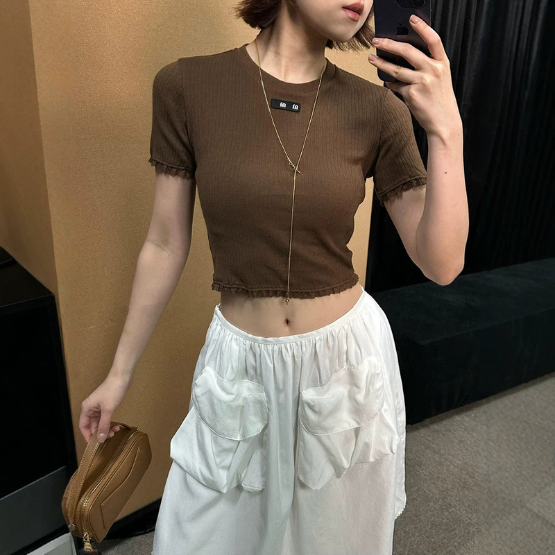 Mm French-Style Low Round Neck Lace-Trimmed T-Shirt for Women, Jacquard Lettering, Summer Slim-Fit Short-Sleeve Sexy Crop Top Mm French-Style Low Round Neck Lace-Trimmed T-Shirt for Women, Jacquard Lettering, Summer Slim-Fit Short-Sleeve Sexy Crop Top