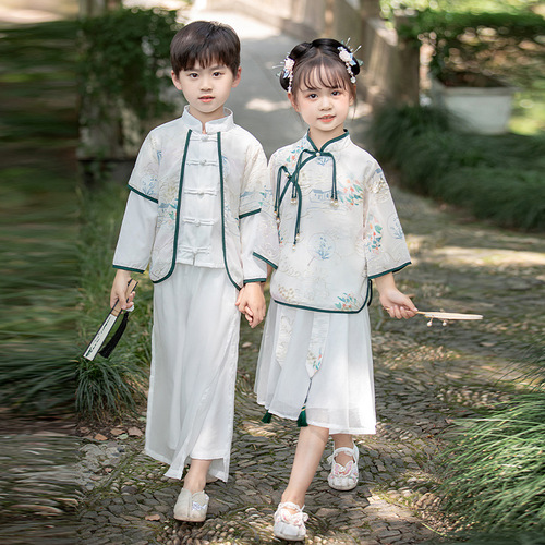 Hanfu suit 24 spring mid-sleeve two-piece chiffon western style children's ink Chinese style ethnic girl fairy