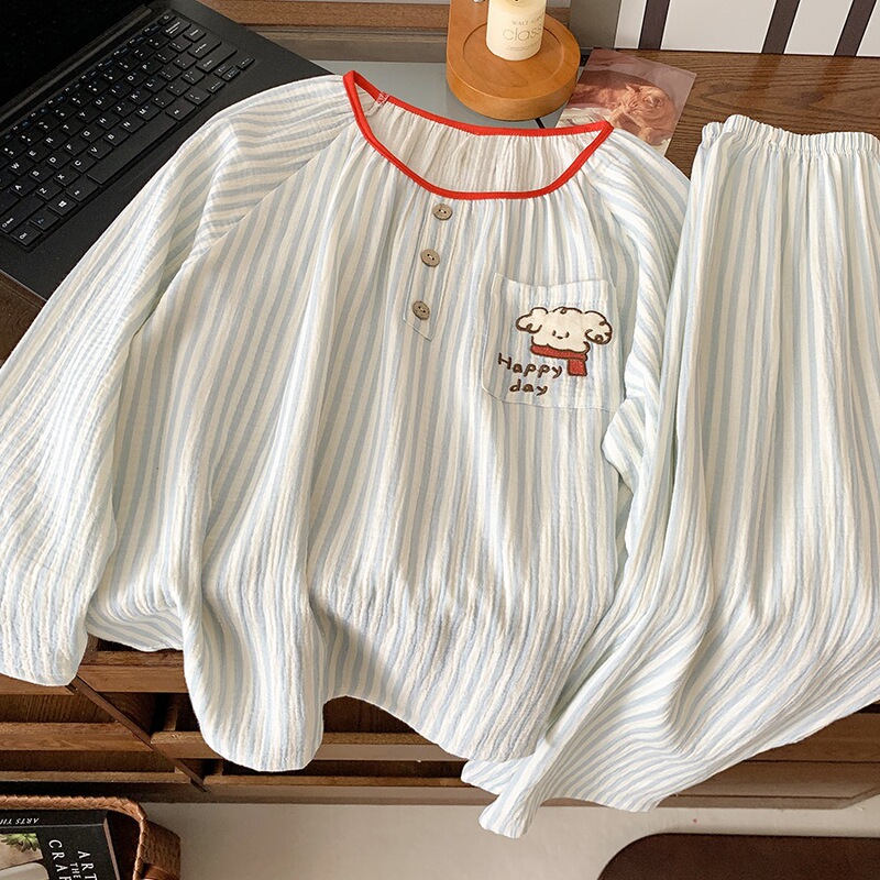 Cartoon Pajamas for Women Pure Cotton Double-Layer Gauze Spring and Autum Comfortable Baby Cotton Casual Kitty Long-Sleeved Home Clothes