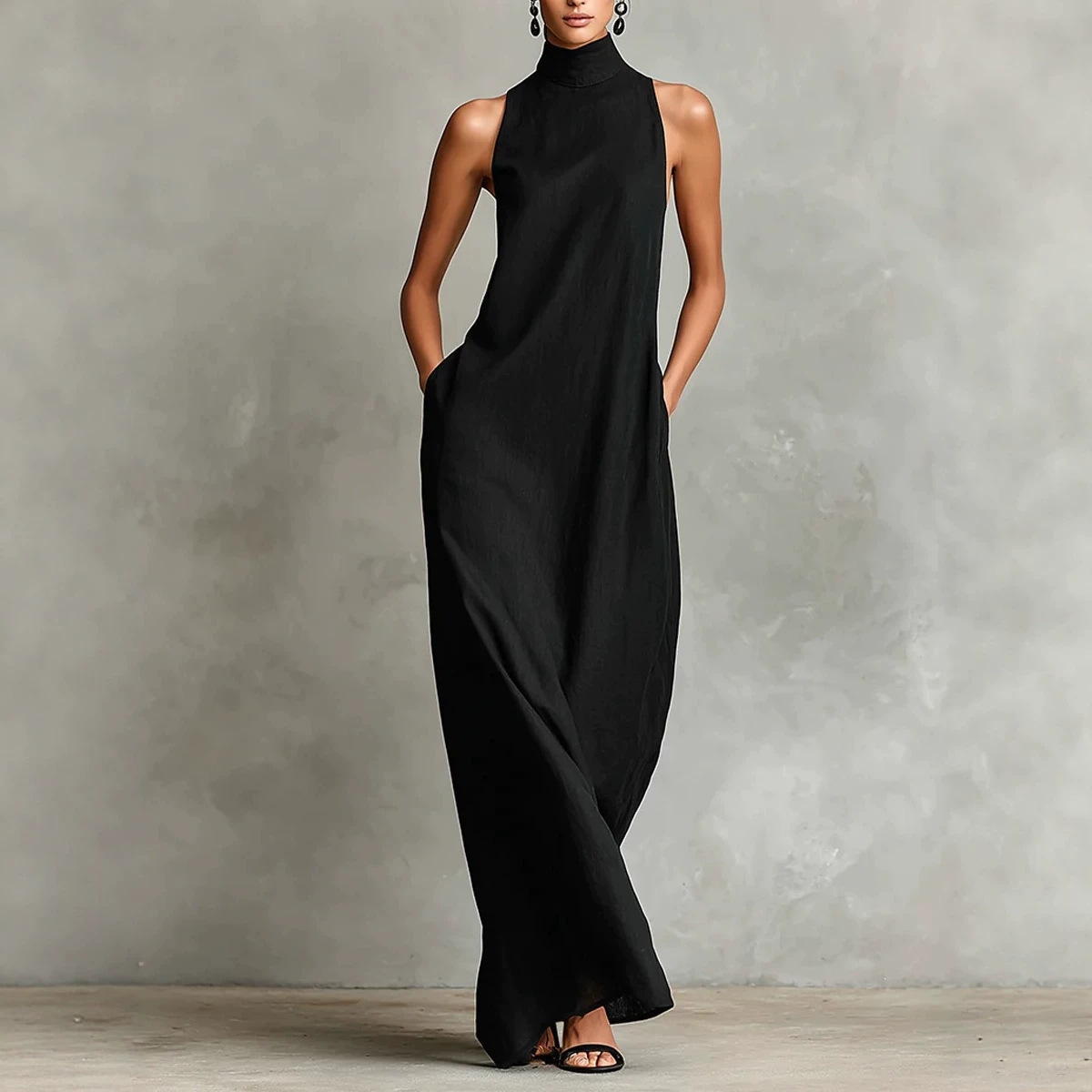 In stock 2026 cross-border European and American summer high-neck sleeveless long dress, loose, simple, casual style, long women's dress