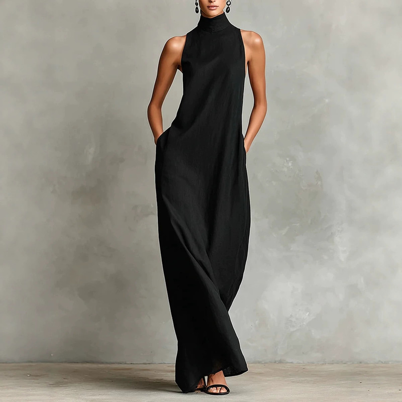 In stock 2026 cross-border European and American summer high-neck sleeveless long dress, loose, simple, casual style, long women's dress
