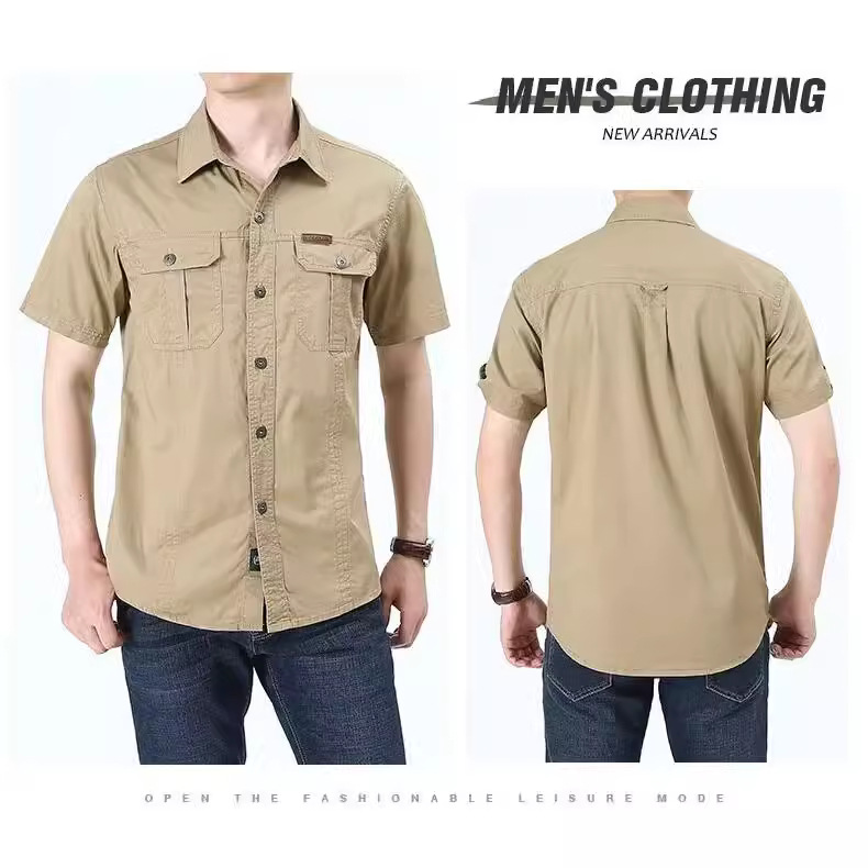Cross-Border Men's Thin Loose Short-Sleeved Shirt Men's Summer Large Size Foreign Trade Spot Solid Color Work Pocket Shirt