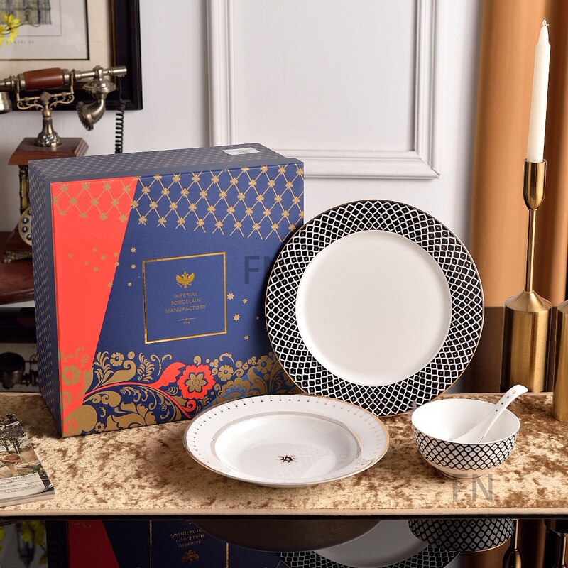 Russian Royal Bone China Star Black Series Housewarming Tableware Dishes and Plates Set Light Luxury High-End Home Gift