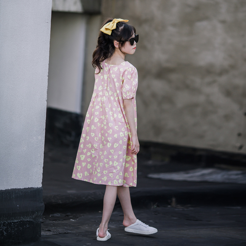 Vestido de niña estilo coreano 2024 verano, nueva ropa infantil elegante, vestido infantil de algodón puro estampado, transpirable y delgado.