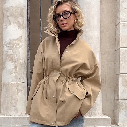 2025 Autumn Barn Style Jacket Women's Design Mid-Length Casual Casual Loose Waist Tie Drawstring Windbreaker