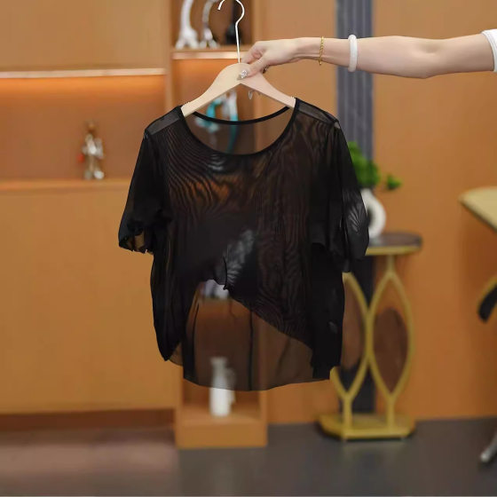 Summer New Style Outer Shawl Ice Silk Thin Mesh plus size Sunscreen All-match Slim Look Jacket Women's Irregular Top