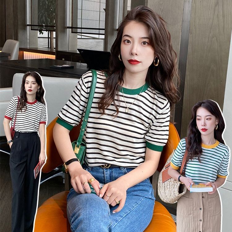 Women's thin striped knitted short-sleeve top, large size, Korean style, summer half-sleeve, unique and stylish top Women's thin striped knitted short-sleeve top, large size, Korean style, summer half-sleeve, unique and stylish top