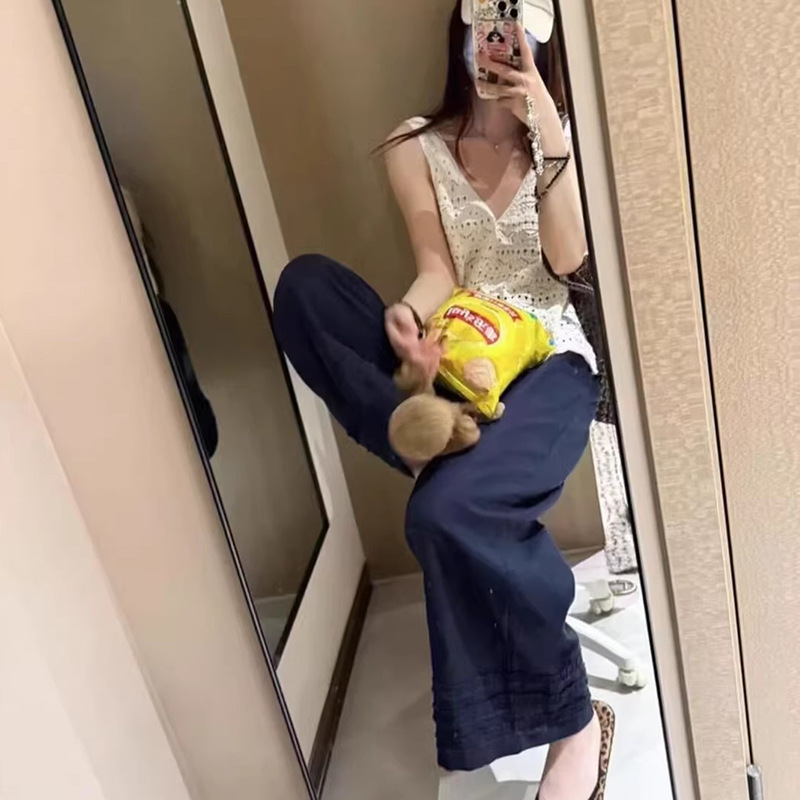 真菌レースリネンワイドレッグパンツ女性のための夏2025新しいスタイルリラックスルーズ痩身ハイウエスト9点カジュアルパンツ|undefined