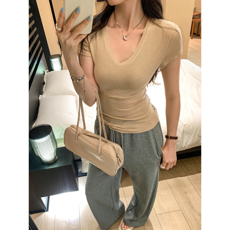 European-Style Lyocell Tencel Wool Unique V-Neck Short-Sleeve T-Shirt for Women, Summer's Trendy Hot Item European-Style Lyocell Tencel Wool Unique V-Neck Short-Sleeve T-Shirt for Women, Summer's Trendy Hot Item