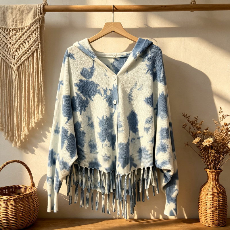 Dali hand-dyed knitted cardigan with a hood, new spring/autumn style, featuring a blue-dyed design, fringes, and a loose fit, perfect for casual wear and vacations Dali hand-dyed knitted cardigan with a hood, new spring/autumn style, featuring a blue-dyed design, fringes, and a loose fit, perfect for casual wear and vacations
