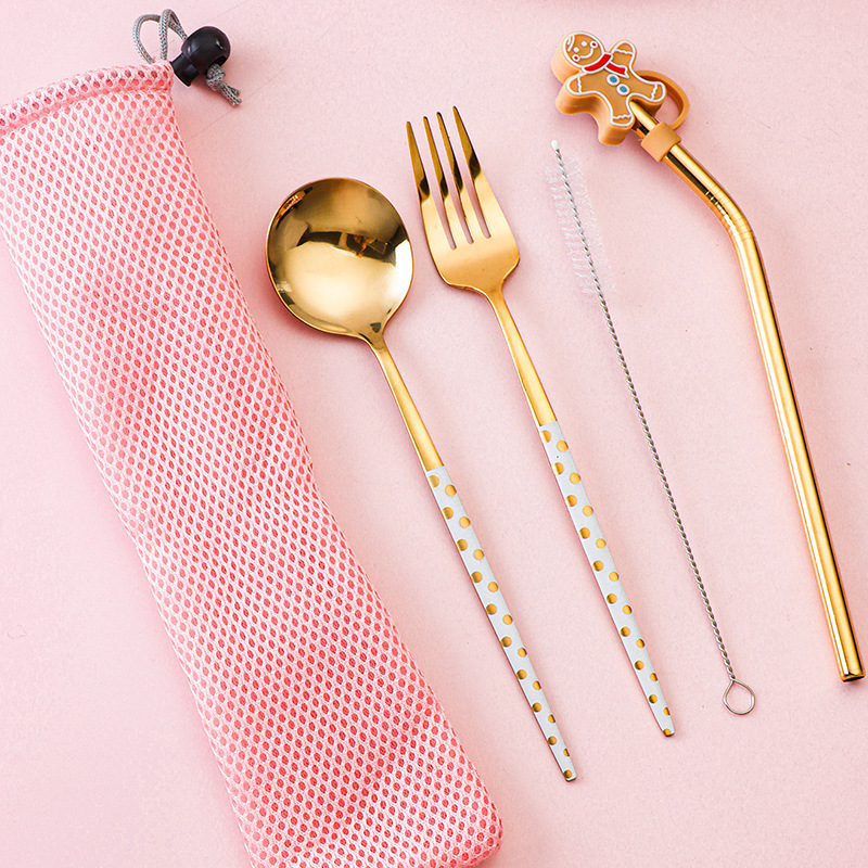 Stainless Steel Beverage Thickened Straw Set Portable Western Food Tableware Household Set Student Outdoor Gift Spoon Fork