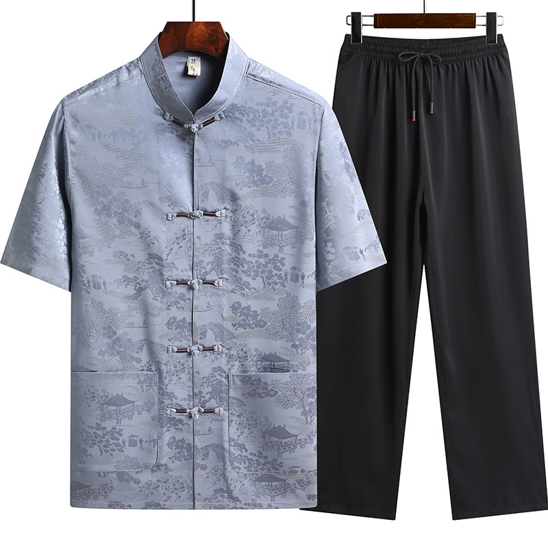 Xiangyun Yarn Tang Suit Men's Middle-aged and Elderly Summer Short-sleeved Suit Dad's Calligraphy Thin Shirt Chinese Style Hanfu Grandpa Suit