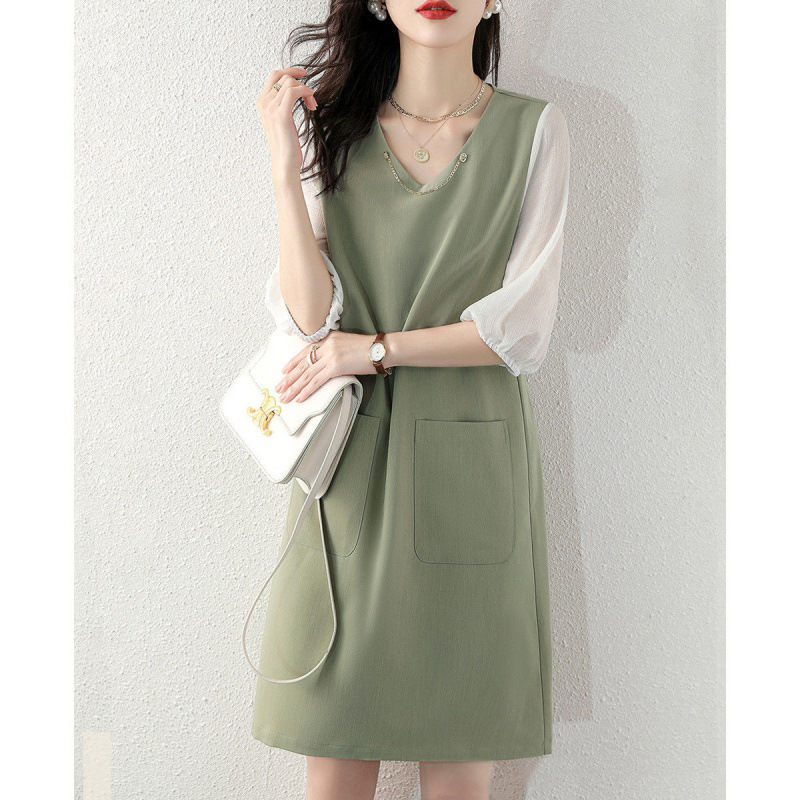 Jingzhou Summer New Light V-neck Mid-length Sleeve Dress Solid Color Tea Green Fresh Gentle Style Dress