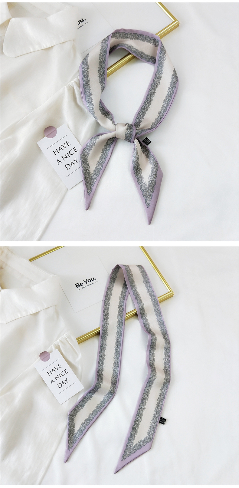 30g Weight Silk Scarf Classification Travel Occasion Unisex Gender Sweet Style Khaki, Grey, Pink, Purple, Red, Green, Blue, Black Color Fashion Streamer Printing Bow Silk Scarf Wholesale 36