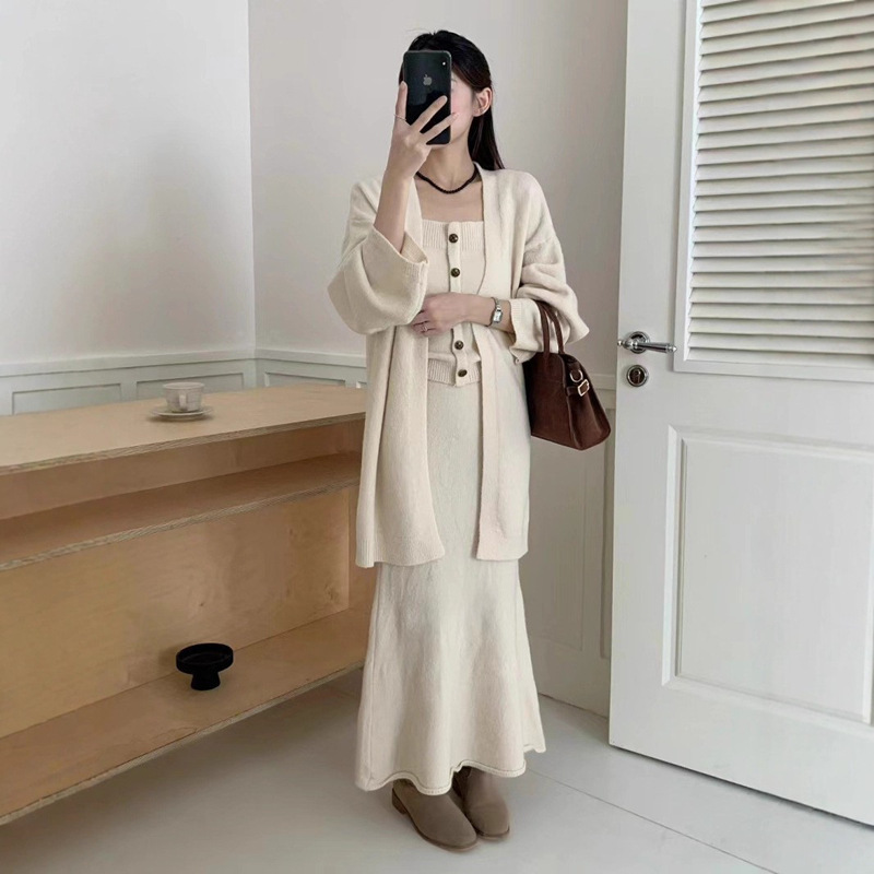 秋冬新款套装女韩系慵懒风背心开衫半身裙三件套2025纯欲抹胸上衣|undefined
