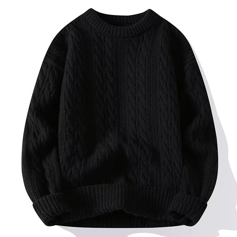 Cross-Border Exclusive Supply of Pure Black Cable Knit Sweater for Men, Winter High-End Lazy Style Couple's Round Neck Knitwear Jacket