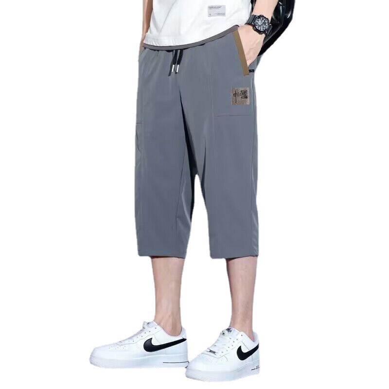 夏のアイスシルククロップドパンツインテクスチャードメンズストレートルーズメンズカジュアル薄手メンズクロップドパンツ人気|undefined