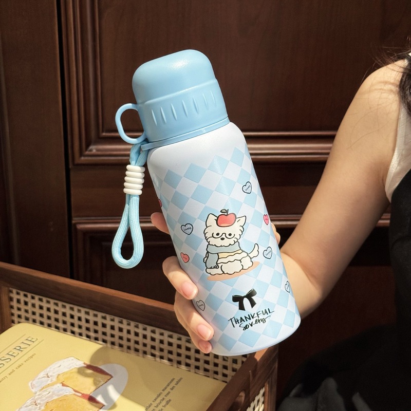 新しい 1 カップ 3 ドリンク魔法瓶カップかわいい漫画の女の子の水カップ学生ポータブルスクールサイドポケットステンレス鋼カップ|undefined