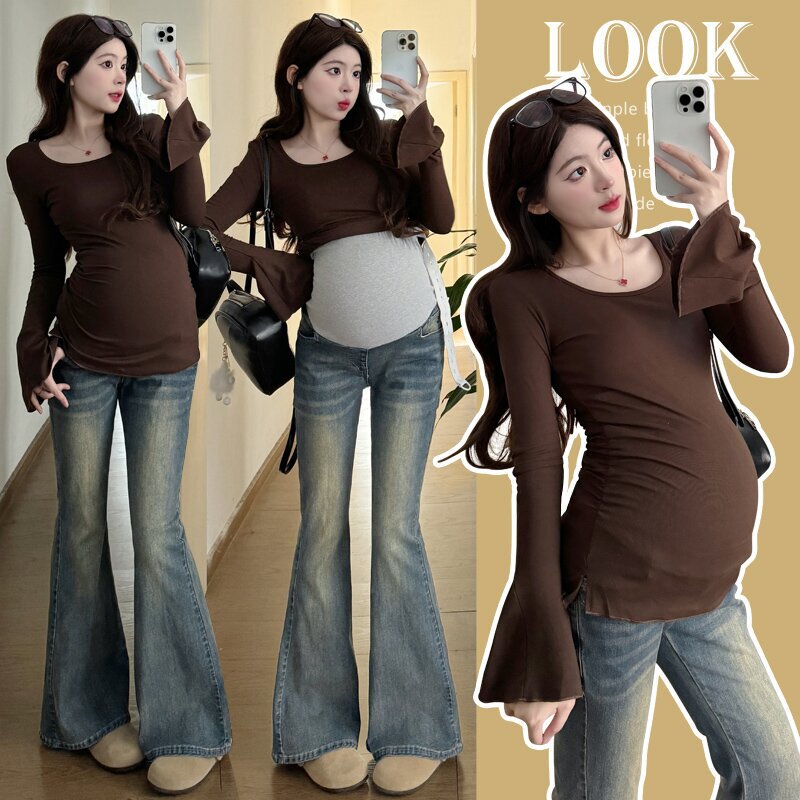 Real Shot of Maternity Jeans 2025, Fashionable Slim-Fit Flared Pants with Belly Support, Tops Can Be Matched Freely