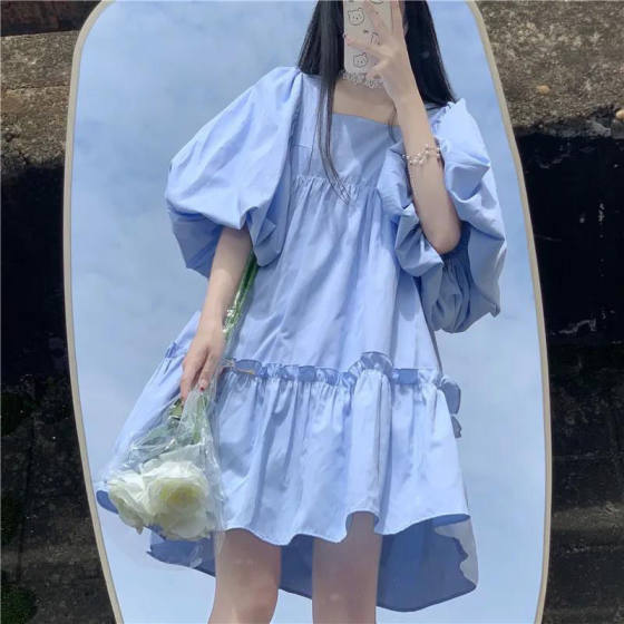Japanese-Style Sweet Soft Girl Dress for Women 2024 Summer New Loose Slimming Fresh Puff Sleeve Doll Cross-Border