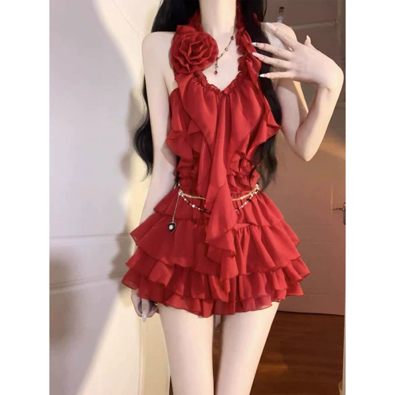Pure Desire Hot Girl Красный тонкий топ с лямкой на бретельках и юбка с рюшами, новый дизайн, шикарный и модный костюм