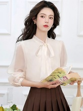 2025春秋新款灵动仙气长袖蝴蝶结飘带欧根纱衬衫上衣女