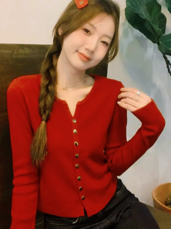 女士针织开衫春秋款外穿时尚洋气V领纯色修身短款百搭毛衣小外套|undefined